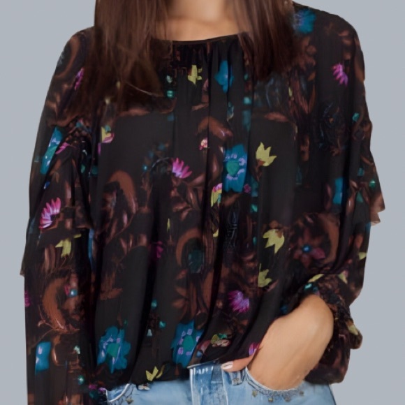 Free People Black Floral Wildflower Honey Mesh Ruffle Peasant Blouse M - Picture 5 of 5
